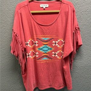 Panhandle Slim Coral Aztec Fringe Short Sleeve Tee